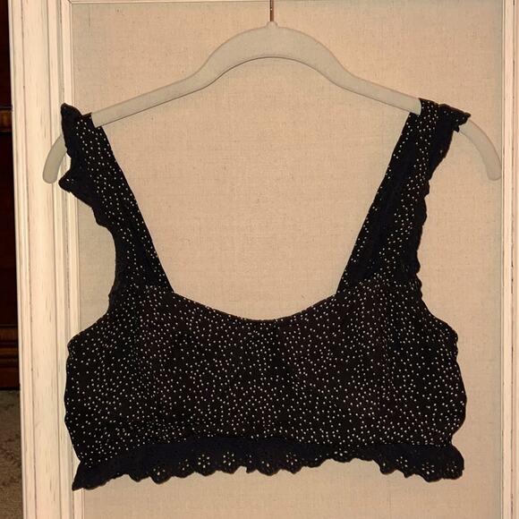 Skylar + Madison black rayon crop top w eyelet ruffles on hem and straps. S - Picture 1 of 7